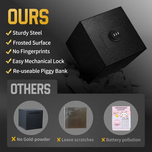 Vista 4 de hicocool alcancía para adultos con contraseña de acero inoxidable reutilizable, caja de dinero de metal con cerradura, caja de ahorro de dinero Negro