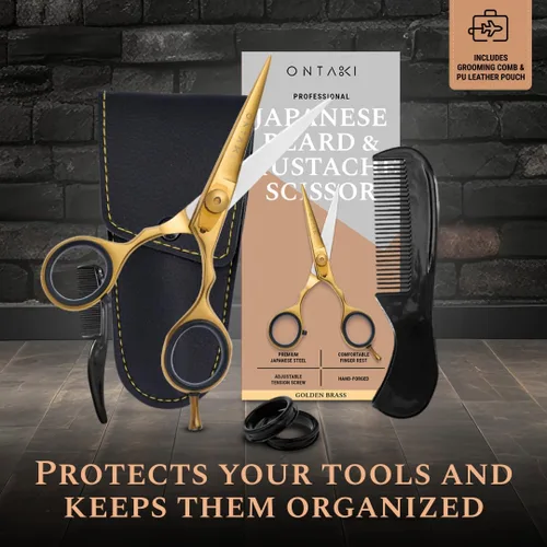 Vista 8 de Ontaki Tijeras para barba y bigote para hombre, acero japonés de 5.5 pulgadas, latón dorado, cuchillas afiladas, reposapiés ergonómico y tornillo