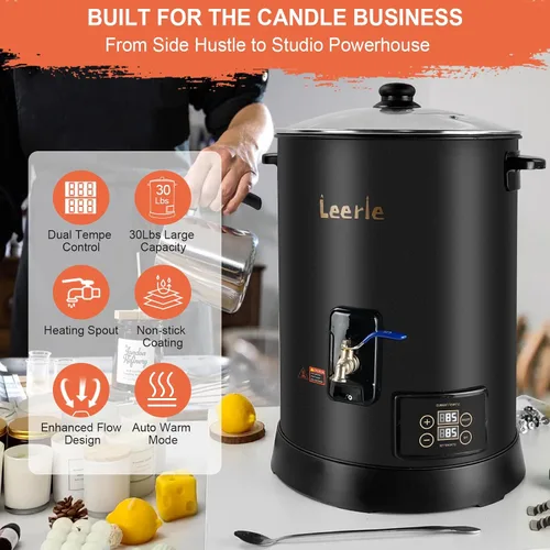 Vista 2 de Leerie D15 - Derretidor de cera comercial digital de 30 libras para hacer velas, olla de fusión de cera de vela grande con control preciso