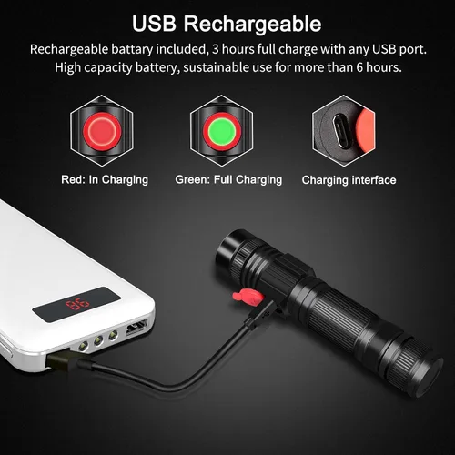Vista 6 de DARKBEAM Linterna LED recargable USB de 2000 lúmenes altos, linternas de bolsillo pequeñas y brillantes, foco ajustable resistente al agua, luz