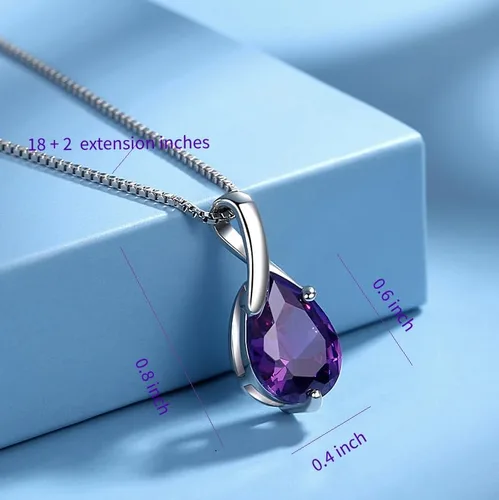 Vista 4 de Collar para mujeres y niñas. Colgante de circonita cúbica de amatista rubí. Color rojo morado claro con cadena de oro plateado. Regalo de joyería