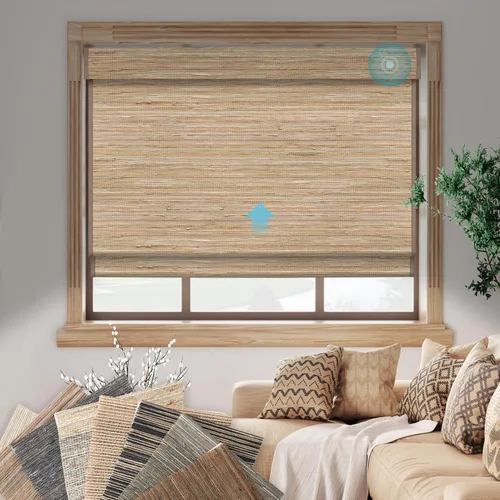 Vista 23 de SmartWings Persianas motorizadas de madera natural tejida para ventanas, persianas romanas eléctricas con control remoto para puertas correderas