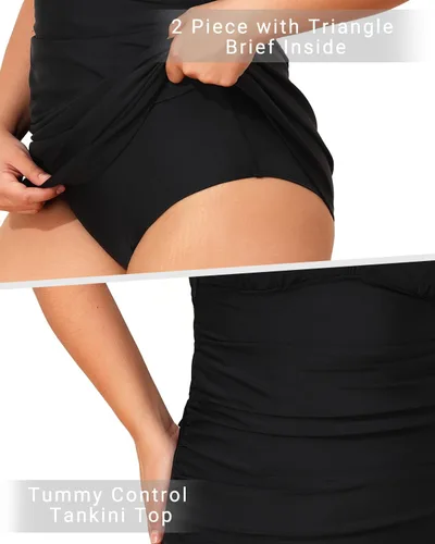 Vista 4 de Daci Tankini con control de abdomen para mujer, talla grande, con falda, trajes de baño de dos piezas, cuello en V