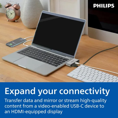 Vista 4 de Philips Concentrador multipuerto USB-C, con pantalla HDMI 4K, 10bps y 2 puertos de datos USB-A de 5 Gbps, entrega de energía de 100 vatios, conector
