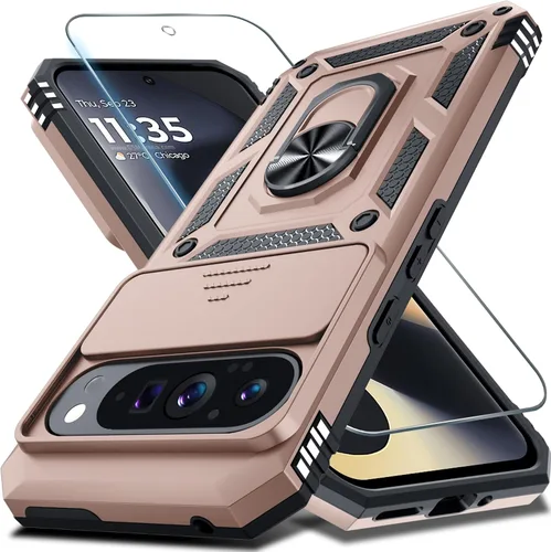 Vista 18 de Janmitta - Funda compatible con Google Pixel 9 Pro XL con cubierta deslizante para lente de cámara incorporada + protector de pantalla + soporte