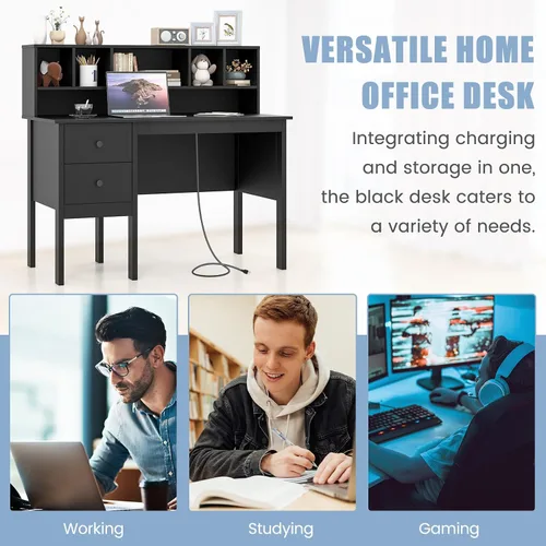 Vista 7 de COSTWAY Escritorio con puertos de carga USB y tomas de corriente, escritorio de computadora de 48 pulgadas con cajones y gabinete de 5