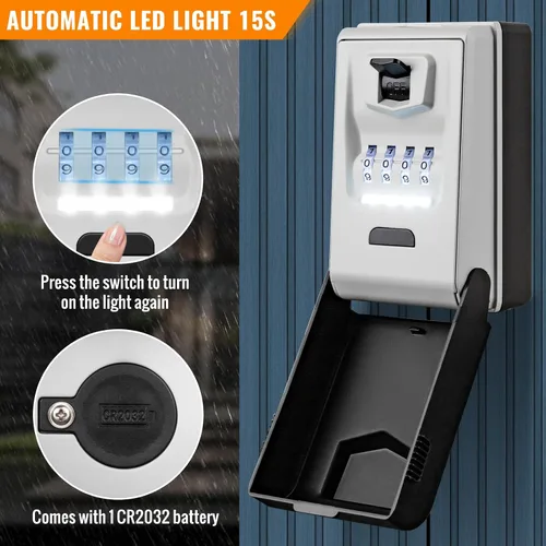 Vista 2 de HUANLANG Caja de bloqueo de llave para montaje en pared, caja de bloqueo de combinación para exteriores con 6 diales iluminados, impermeable, gran