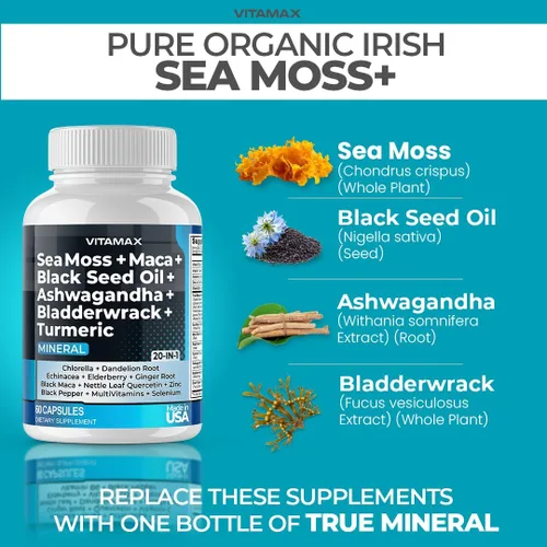 Vista 4 de Vitamax Suplemento puro de shilajit del Himalaya, musgo marino, ashwagandha, vejiga, gingko biloba, cápsulas orgánicas y oligoelementos minerales