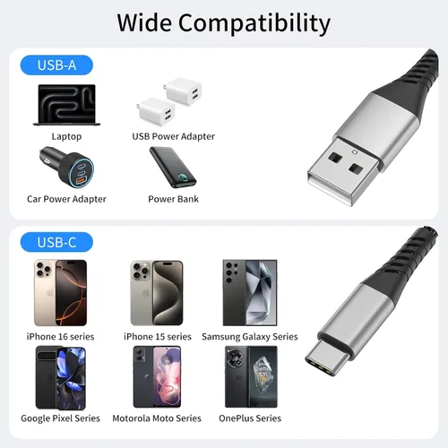 Vista 7 de Cable corto USB a USB C, paquete de 2 cables USB C de 1 pie, trenzado corto de 12 pulgadas, cable USBC de 3A de carga rápida para iPhone 17, 16, 15