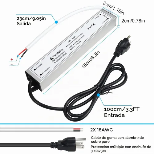 Vista 3 de LightingWill transformador impulsor LED 30 vatios, impermeable IP67, fuente de alimentación, 90-265V CA a 12V CC de baja tensión, adaptador