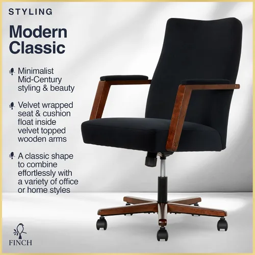 Vista 5 de Finch NEO ONE - Silla ejecutiva ergonómica giratoria de tela de terciopelo/madera, color negro (52304-BLK)