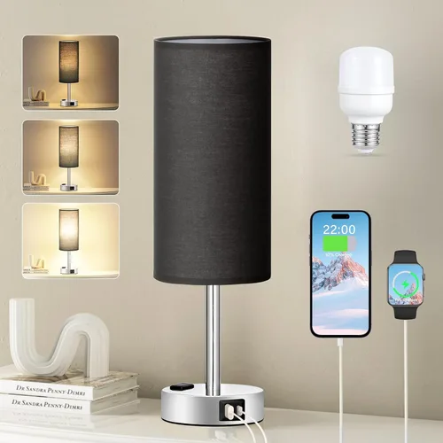 Vista 37 de Fenmzee Juego de lámparas de mesa pequeñas táctiles regulables de 2 a 3 vías, carga USB A + C, salida de CA, base de grano de madera, bombillas
