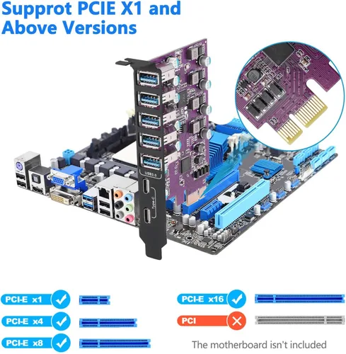 Vista 3 de Tarjeta de expansión PCIe a USB 3.0 de 7 puertos (2 USB tipo C y 5 USB tipo A)