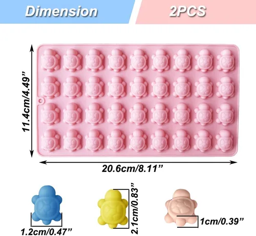 Vista 2 de Paquete de 2 moldes de chocolate con 36 cavidades de silicona de tortuga para pasteles, gomitas, gelatina, cubitos de hielo, herramientas