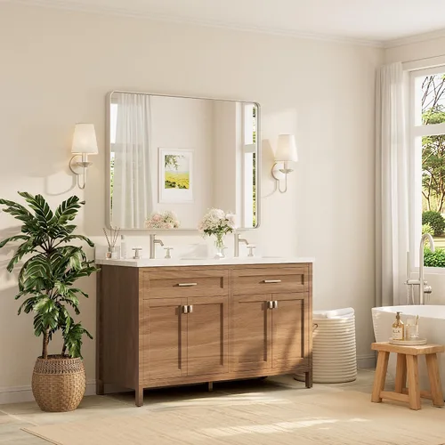 Vista 141 de TETOTE Espejo de marco dorado cepillado de 16 x 24 pulgadas, espejo de tocador de baño de latón dorado para pared, espejo enmarcado rectangular