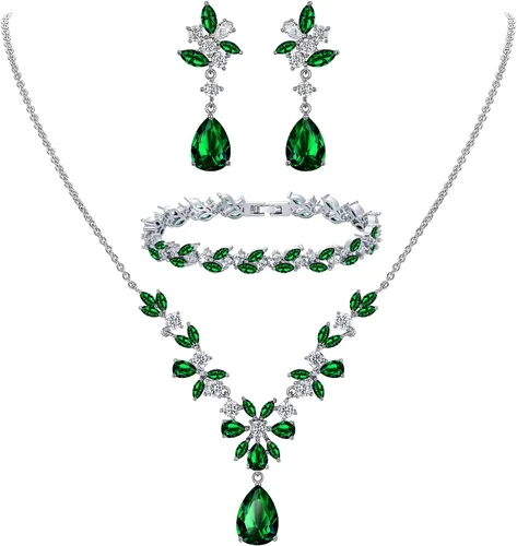 Vista 13 de Wedding Cubic Zirconia Teardrop Necklace Earrings Bracelet Sets for Brides Collar de oro 02-14K+Pendientes+Pulsera