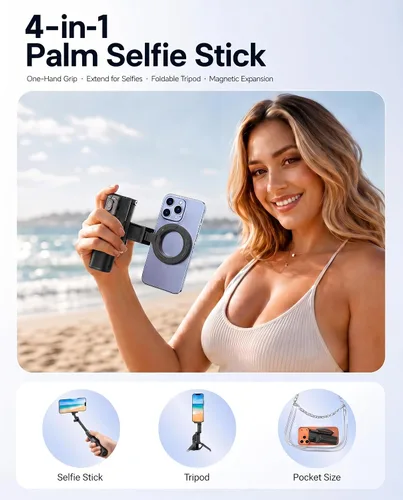 Vista 3 de Mini trípode magnético para selfie stick para iPhone y Android, tamaño de bolsillo de 19 pulgadas, agarre de cámara de teléfono 4 en 1 con control