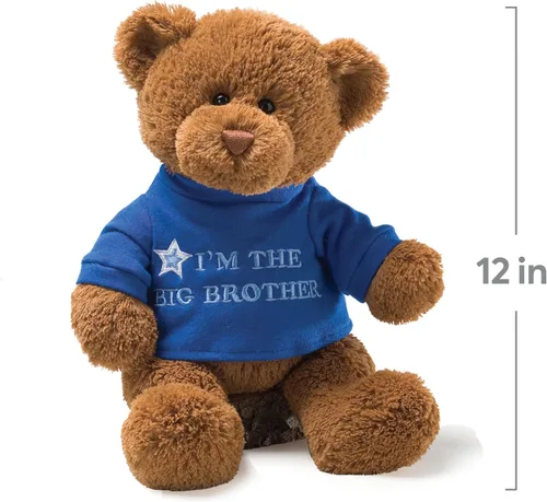 Vista 3 de GUND Oso de peluche con mensaje "Soy el hermano mayor" con camiseta azul, oso de peluche para niños de 1 año en adelante, color marrón, 30 cm