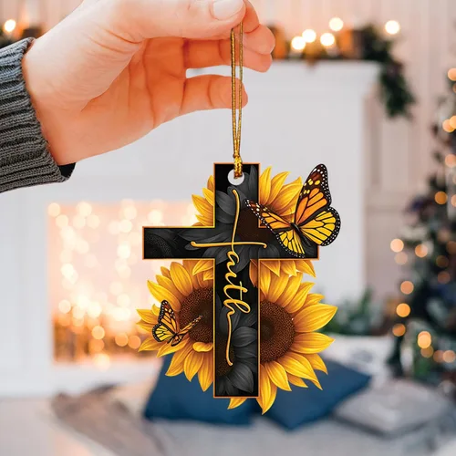 Vista 3 de Talataca Fe Girasol Dios Jesús Cruz Cristiana Mariposa 2D Espejo Retrovisor de Coche Plano Accesorios Adorno Árbol de Navidad Decoración Colgante