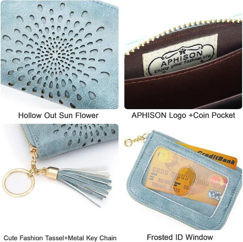 Vista 4 de APHISON RFID - Porta tarjeta de crédito con cremallera carteras pequeñas para mujer en cuero estilo girasol para mujer y niña caja de regalo 1927