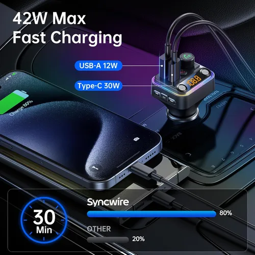 Vista 3 de Syncwire Bluetooth 5.4 Transmisor FM Adaptador para Coche 42W [Interruptor de Luz] [Micrófono Dual Más Potente] [Sonido de Graves HiFi]