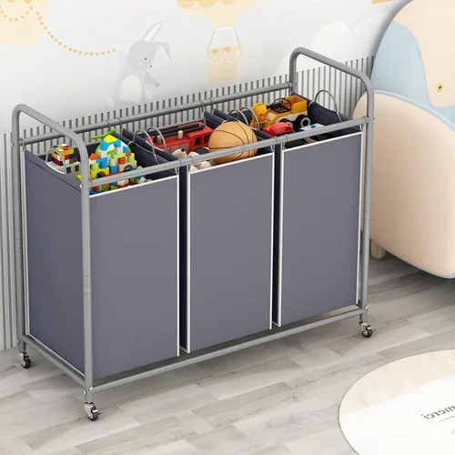 Vista 3 de LINZINAR Clasificador de ropa sucia de 3 bolsas, carrito de lavandería con ruedas enrollables resistentes y bolsas extraíbles (gris) Laundry Room