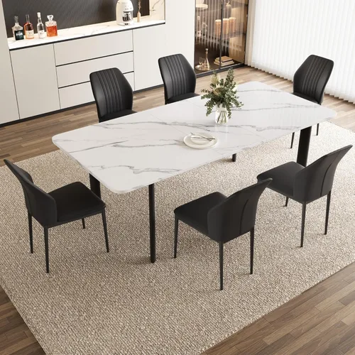 Vista 16 de HIPIHOM Mesa de comedor extensible para 6-8 personas, mesa rectangular de 63 a 78.7 pulgadas, MDF blanco con patas de metal resistentes, ahorro