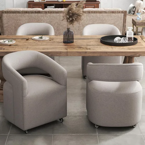 Vista 13 de DUOMAY Silla de comedor tapizada moderna con ruedas giratorias, juego de 1, silla auxiliar con respaldo de barril de lino, silla de tocador
