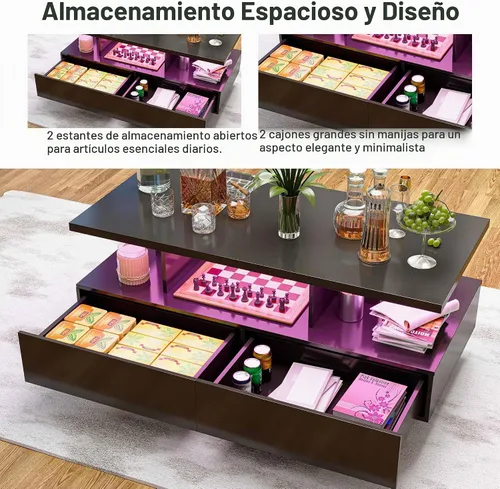 Vista 5 de LAUSAINT HOME Mesa de centro con almacenamiento, mesas de centro LED de 2 niveles para sala de estar con aplicación y control remoto, mesa de centro