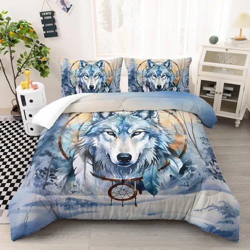 Vista 20 de AILONEN Juego de edredón con cabeza de lobo impresa tamaño individual, juego de ropa de cama de lobo para la noche para niños y hombres, juego