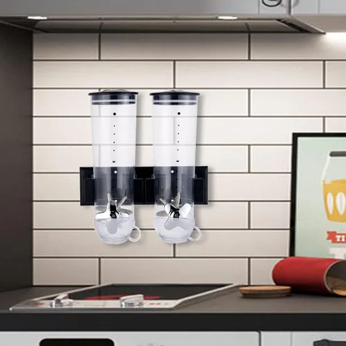 Vista 2 de Dispensador de cereales montado en la pared, contenedor de cereales con taza para cocina, tienda de alimentos, café, tienda de granos (negro)