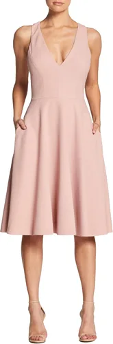 Vista 2 de Dress the Population Vestido midi de mujer Catalina de mangas cortas liso y acampanado