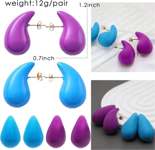 Vista 3 de 2 pares de aretes de gota de agua gruesos dorados y plateados, ligeros, huecos, aretes de aro de lágrima, regalo de joyería de moda para mujeres