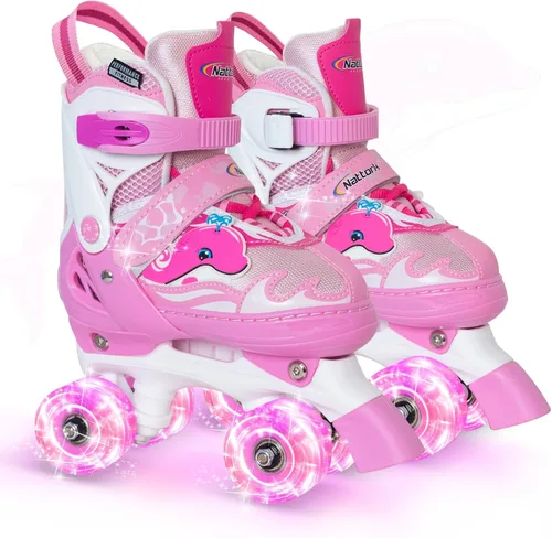 Vista 9 de Nattork Patines de ruedas para niños, patines ajustables con luz para niñas y niños, patines verdes, azules, morados y rosas para niños pequeños