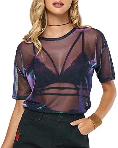 Vista 3 de LOTUYACY Camiseta sexy de malla brillante metálica para mujer, manga corta, malla transparente, Brillo metálico.