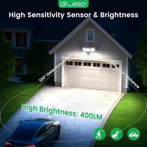 Vista 6 de ALUSSO Luces solares con sensor de movimiento para exteriores de 400 lúmenes, luces de seguridad LED con control remoto, 3 modos