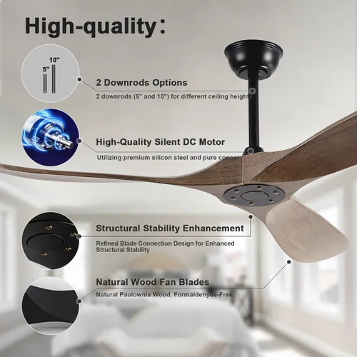 Vista 3 de Ventiladores de techo de 52 pulgadas sin luces, ventilador de techo de madera maciza sin luz con control remoto motor CC para interiores y Gris