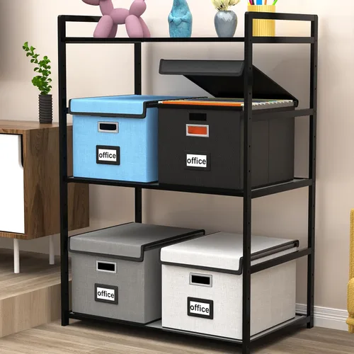Vista 2 de Caja organizadora de archivos Huolewa con tapa, caja organizadora de carpetas de archivos colgantes de cuero sintético plegable con deslizadores