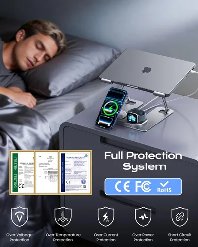 Vista 9 de Meifigno Soporte para laptop con base de estación de carga inalámbrica, soporte plegable de aluminio para MacBook con cargador MagSafe
