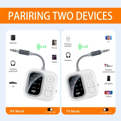 Vista 4 de Adaptador Bluetooth 5.3 para avión, compatible con 2 auriculares inalámbricos duales, aptX Adaptive 0.138 in AUX Jack Transmisor de audio