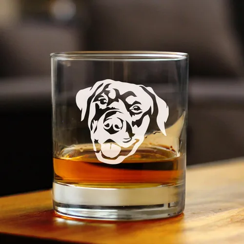 Vista 4 de Custom Happy Rottweiler - Whiskey Rocks Glass - Unique Rottweiler Themed Dog Gifts and Party Decor for Women and Men - 10.25 Oz - Customized Glasses