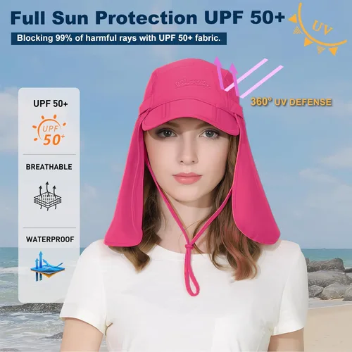 Vista 2 de Surblue Sombrero de pesca con solapa para el cuello, protección UV, protección UV, UPF50+ Rosa rojo