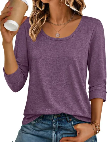Vista 15 de Ekouaer Camisetas básicas casuales de manga 3/4 para mujer, cuello redondo Rayado Caqui
