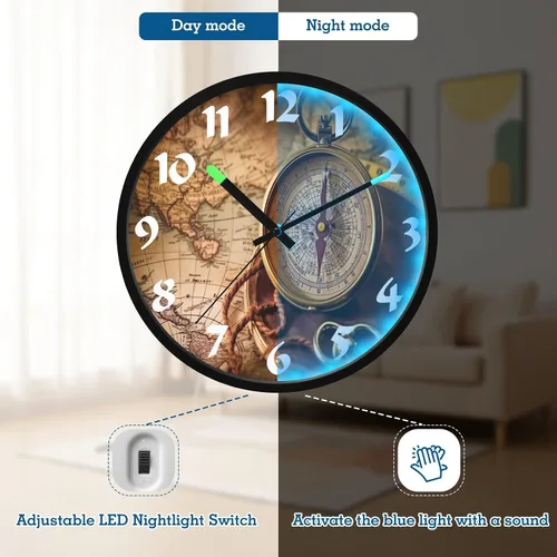 Vista 4 de STAYTOP Retro Compass LED Wall Clock for Bedroom Night Glow,12 Inch Silent Light Up Wall Clocks for Living Room Decor, Sound Control Modern Wall