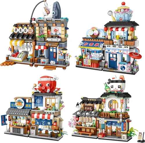 Vista 8 de ELAICREE Bloques de Construcción de Casa de Juguete con Vista de Calle Japonesa, 4 Modelos Mini Bloques de Construcción DIY Modelo MOC Juguete