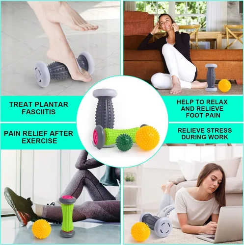 Vista 5 de Alivio de la fascitis plantar, rodillo de pies y masajeador para fascitis plantar, neuropatía y reflexología, rodillo de masaje de 2 pies y bola