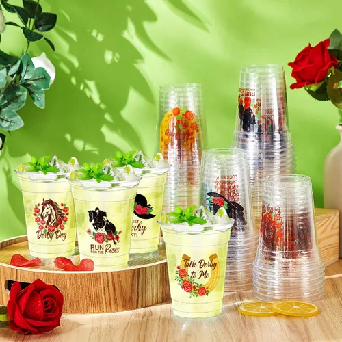 Vista 6 de Sliner 48 vasos de plástico desechables Derby a granel de 12 onzas transparentes para fiestas de carreras de caballos para beber vasos de plástico