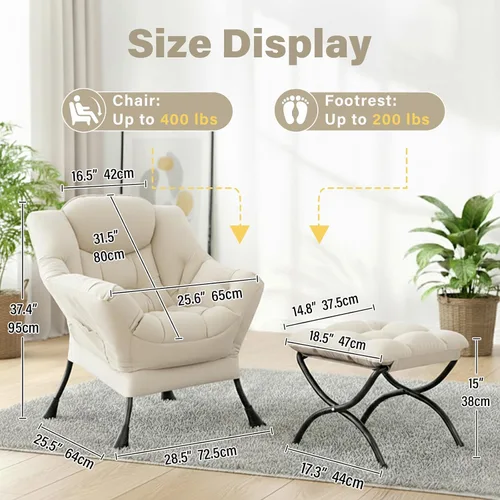 Vista 3 de Silla perezosa con otomana, silla de descanso moderna y grande con reposabrazos y bolsillo lateral, sillón tapizado de ocio con silla de lectura