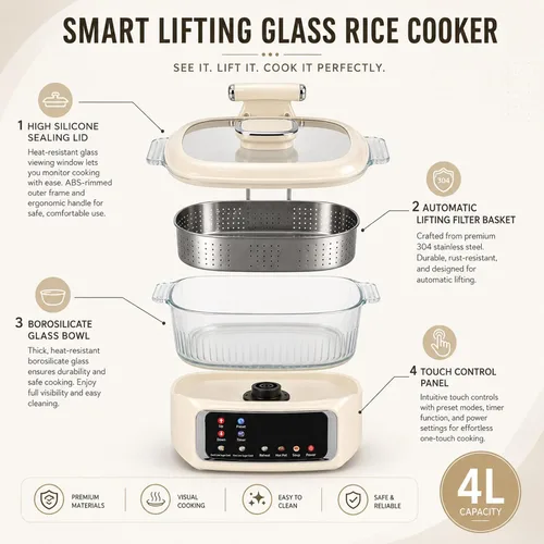 Vista 6 de Arrocera baja en azúcar 4L – Cocina multifuncional de arroz baja en carbohidratos r con cesta de elevación automática, preajuste y temporizador