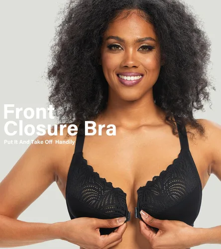 Vista 3 de HACI Brasier con cierre frontal para mujer, sin forro, espalda en T, talla grande, encaje, sin relleno, cobertura completa, espalda cruzada